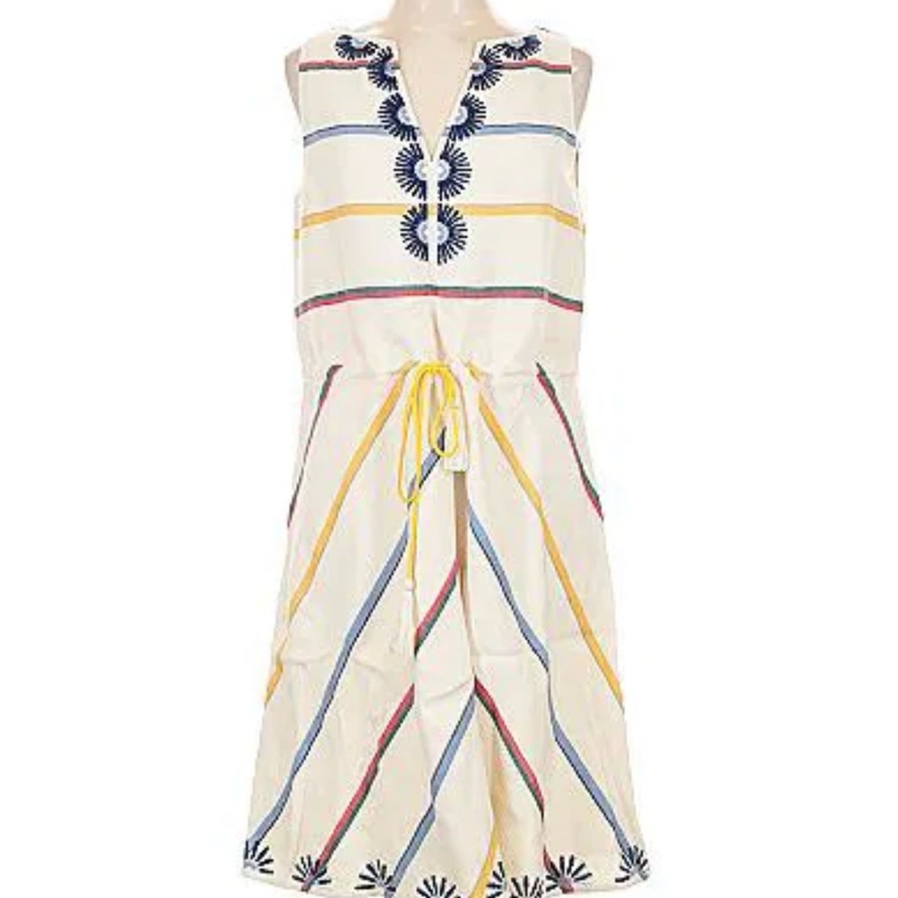 Tory Burch V-neck Fiesta Cream, Blue, & Yellow Embroidered Linen Dress sz 12